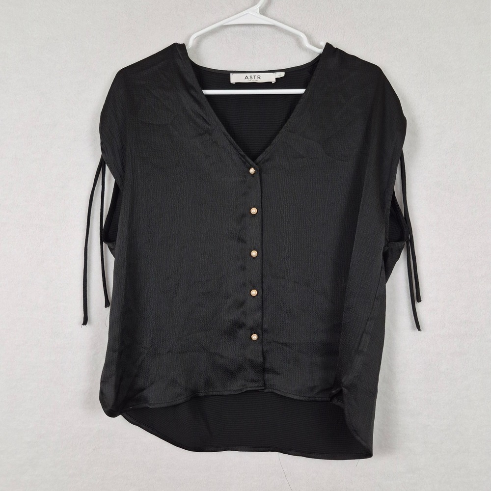 ASTR The Label Black V-Neck Blouse Faux Pearl Button Ruched Shoulder Top Medium